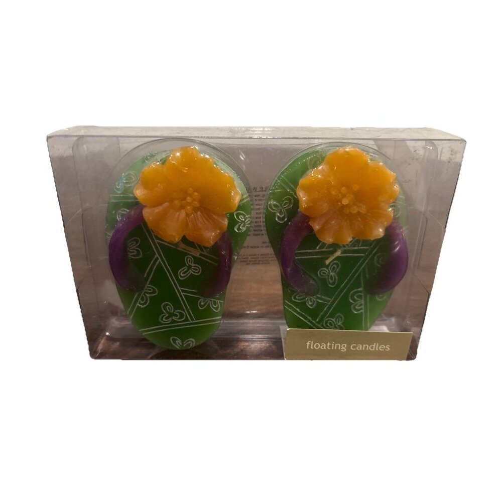 FLIP FLOP 4” floating Candles-Green w/orange Flower & Purple Straps-set Of 2!